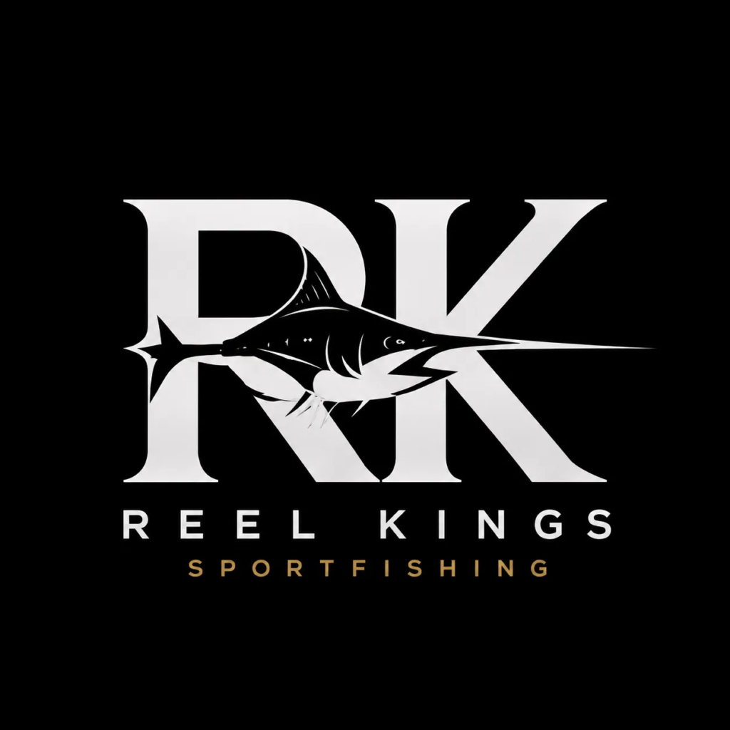 Logo with large white letters "RK" overlapping, a marlin illustration in the middle, and the words "REEL KINGS SPORTFISHING" below on a black background.