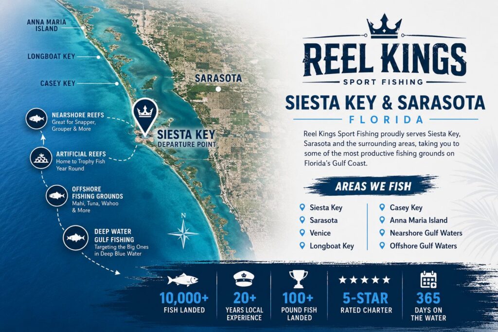 Map showing fishing areas near Siesta Key and Sarasota, Florida, with info on types of fishing reefs, target species, and Reel Kings Sport Fishing service details.